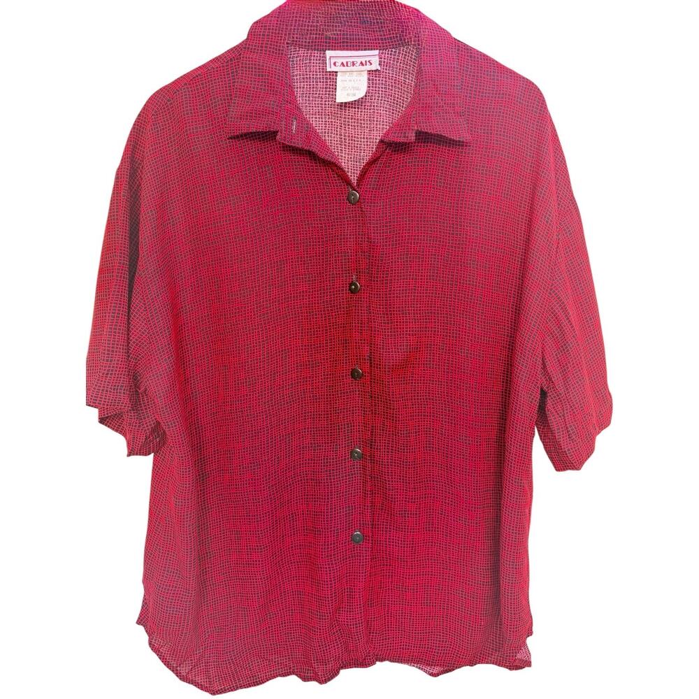 Cabrais Button Front Shirt Womens XL Red Black Textured Casual Blouse